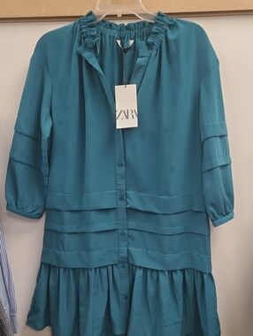 ZARA Teal Button-Front Ruffle Tiered Dress